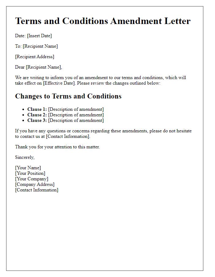 Letter template of terms and conditions amendment