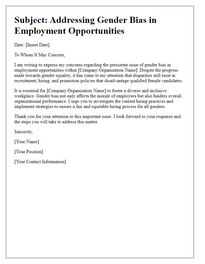 Letter template of gender bias issue in employment opportunities