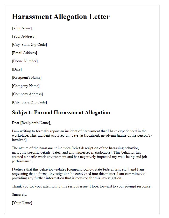 Letter template of harassment allegation for equal employment