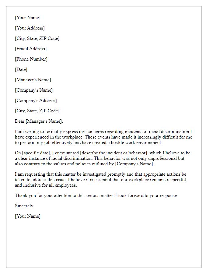 Letter template of racial discrimination complaint in the workplace