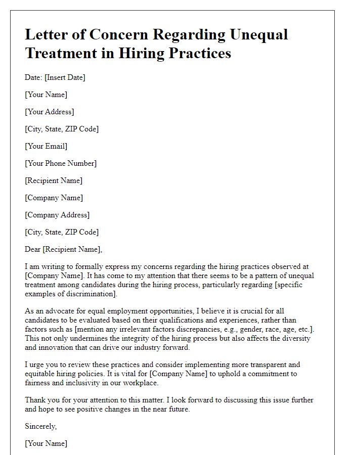 Letter template of unequal treatment in hiring practices