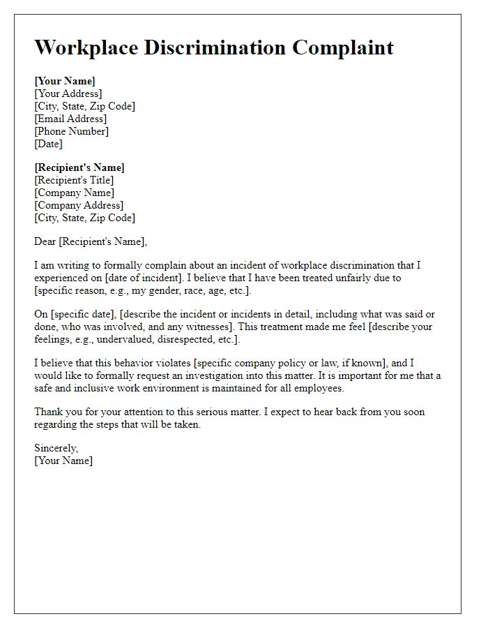 Letter template of workplace discrimination complaint