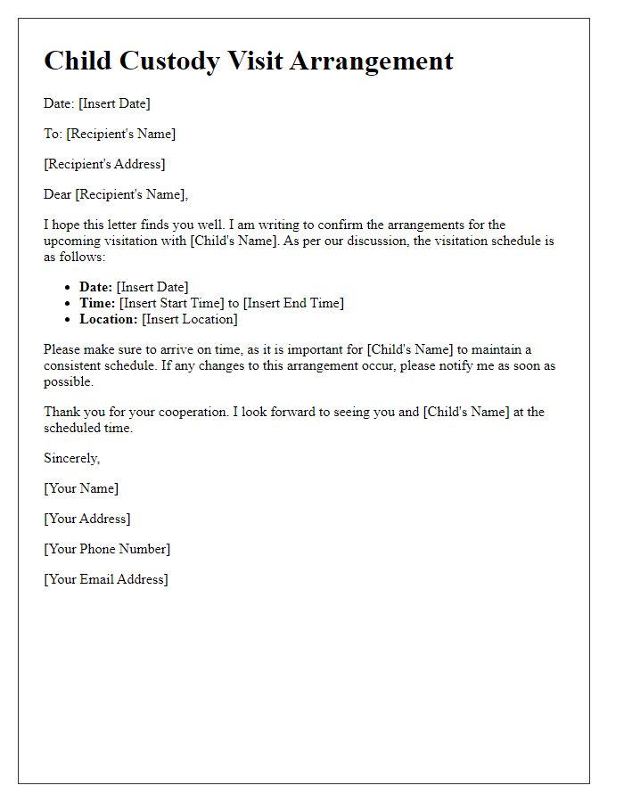 Letter template of child custody visit arrangement