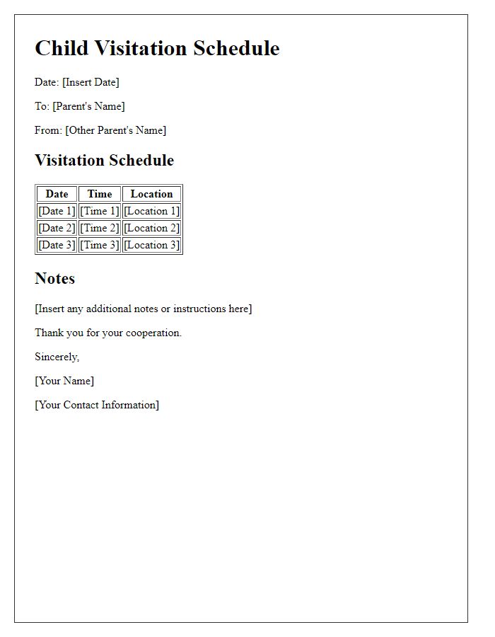 Letter template of schedule for child visitation with parents