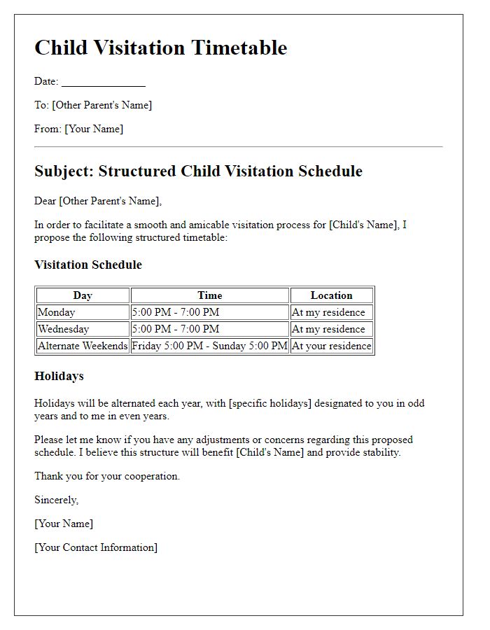 Letter template of structured child visitation timetable