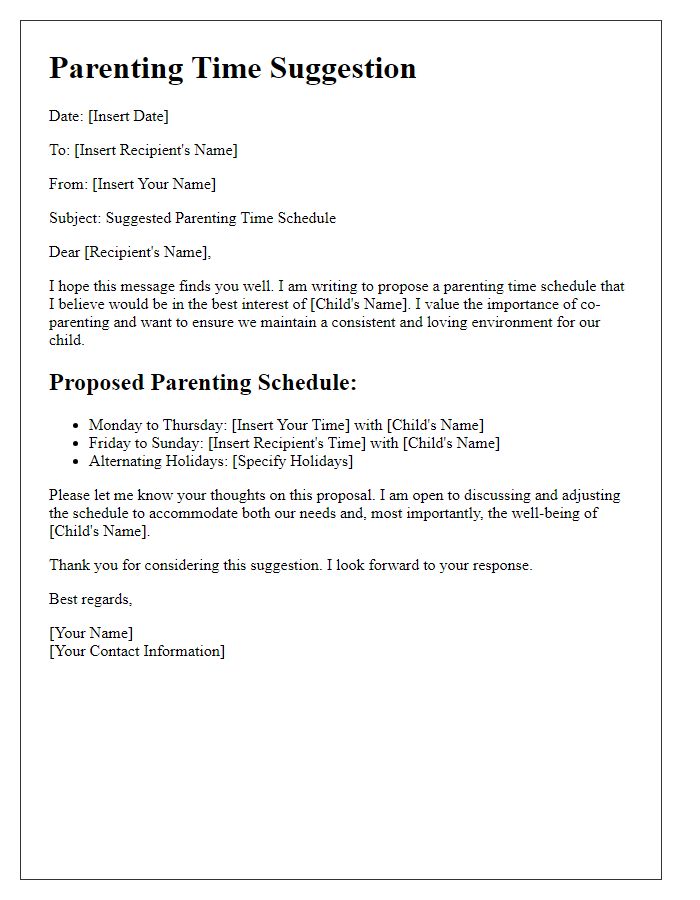 Letter template of suggested parenting time for children