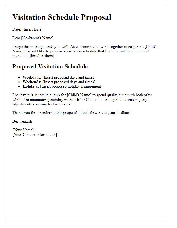 Letter template of visitation schedule proposal for separated parents