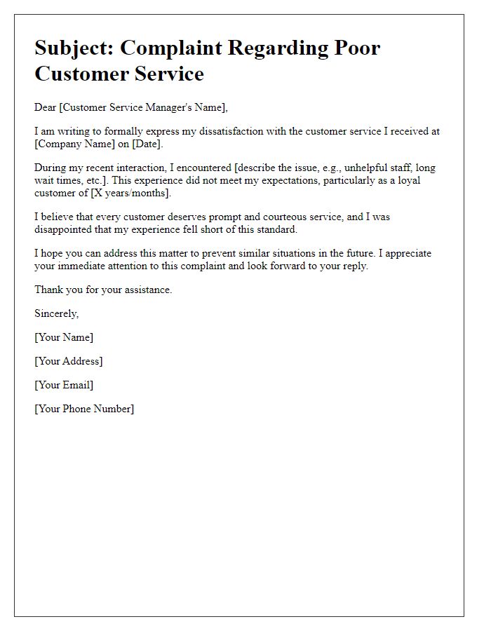 Letter template of complaint about poor customer service