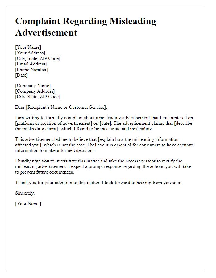 Letter template of misleading advertisement complaint