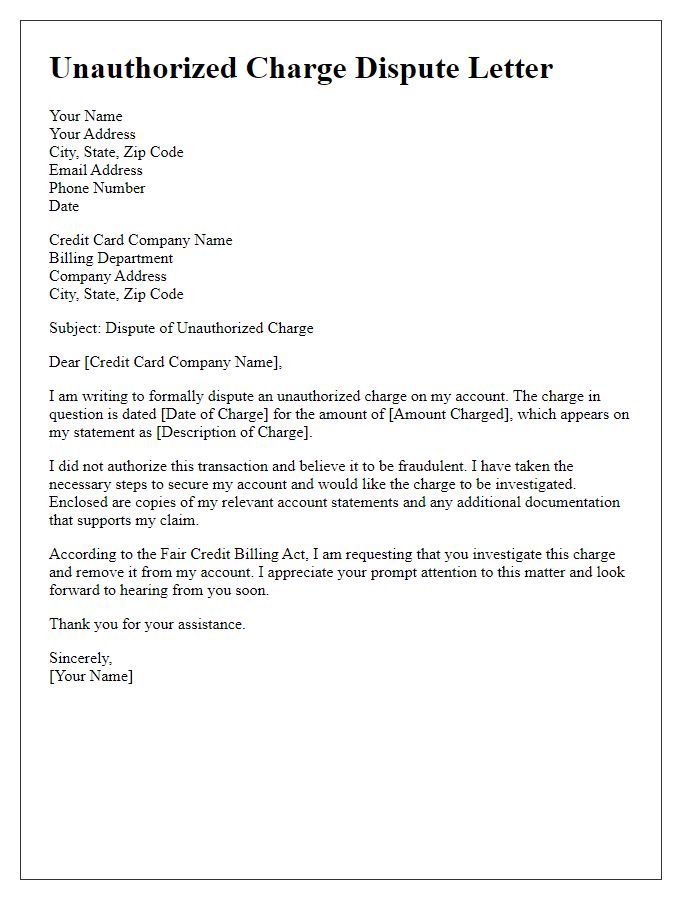 Letter template of unauthorized charge dispute