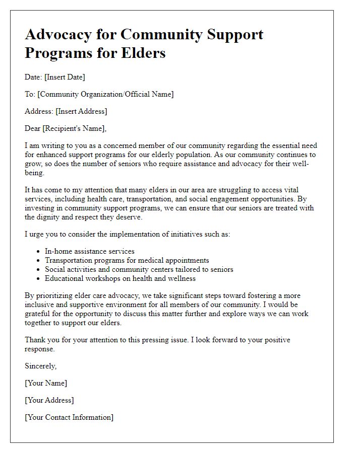 Letter template of elder care advocacy for community support programs