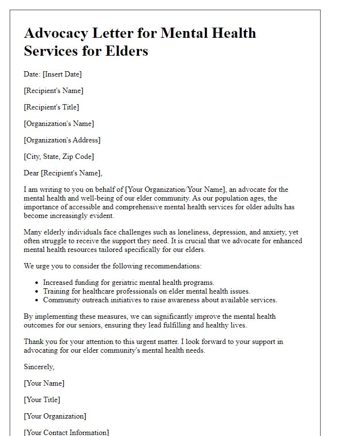 Letter template of elder care advocacy for mental health services