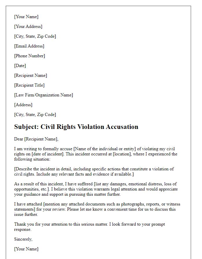 Letter template of civil rights violation accusation for legal counsel