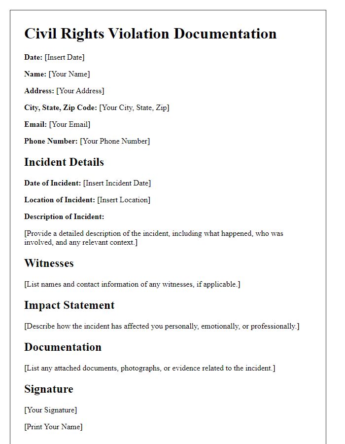 Letter template of civil rights violation documentation for personal records