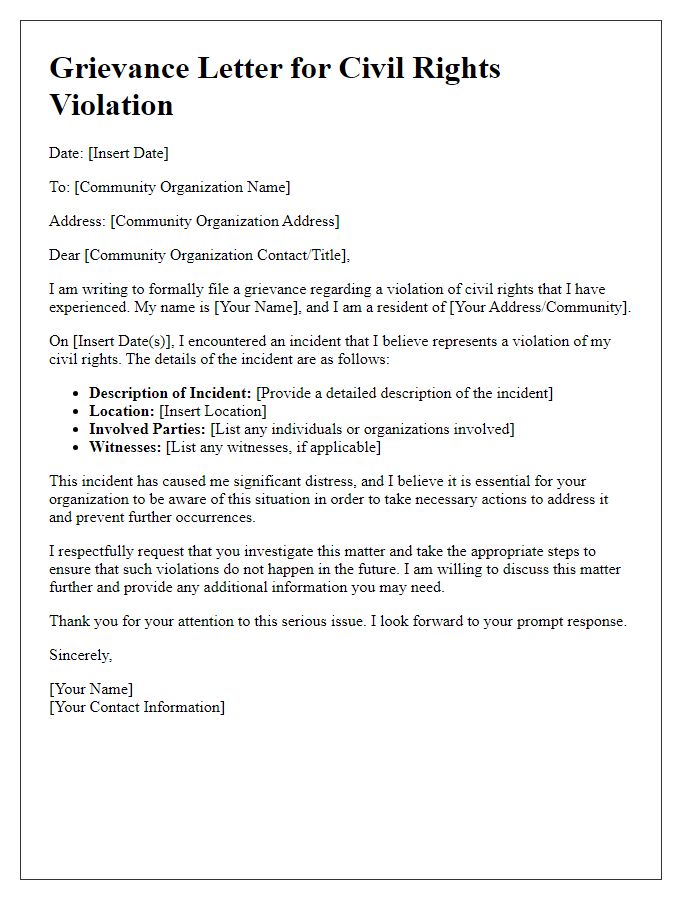 Letter template of civil rights violation grievance to a community organization