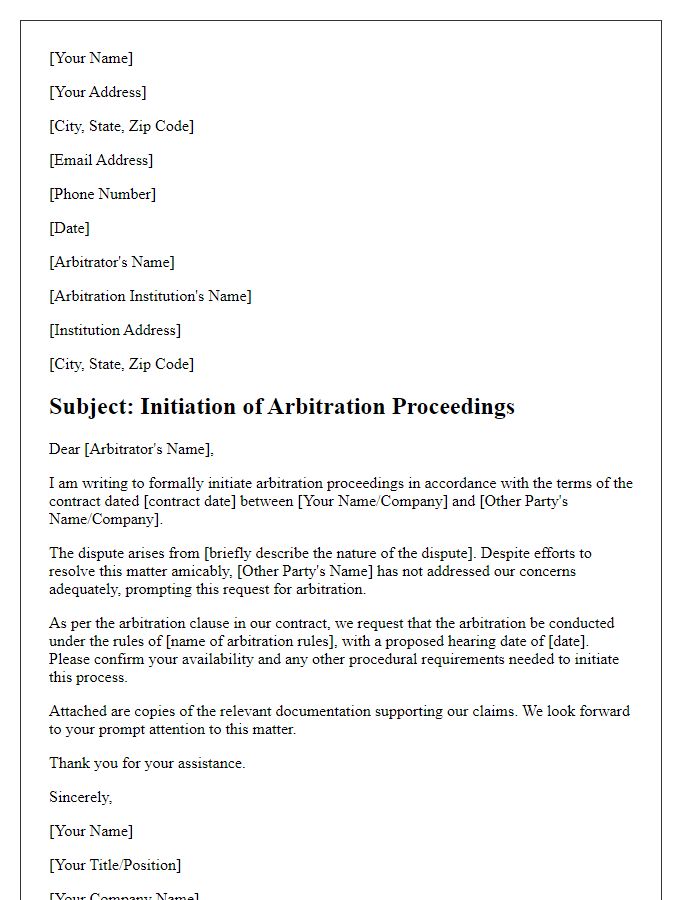 Letter template of arbitration initiation for contractual disputes