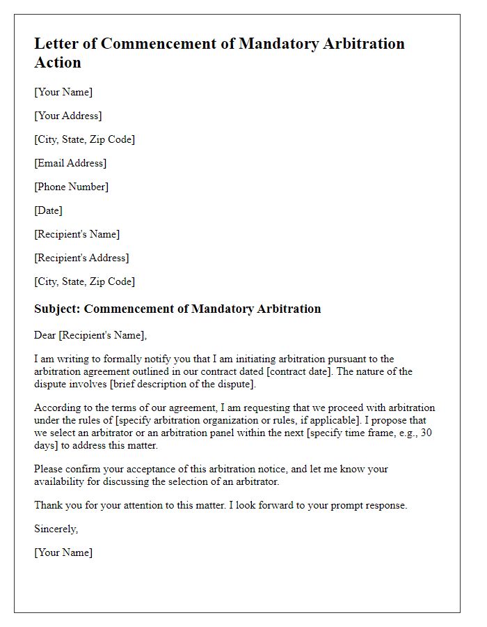 Letter template of commencement of mandatory arbitration action