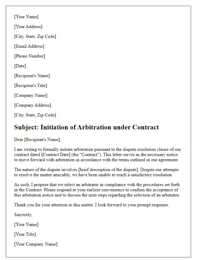 Letter template of formal initiation for arbitration under contract