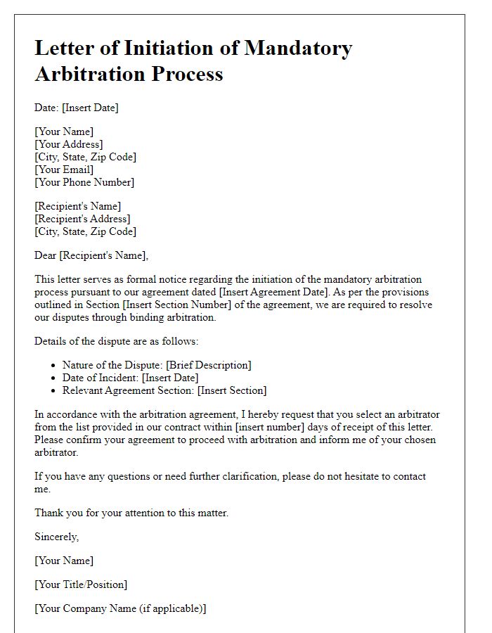 Letter template of initiation of mandatory arbitration process