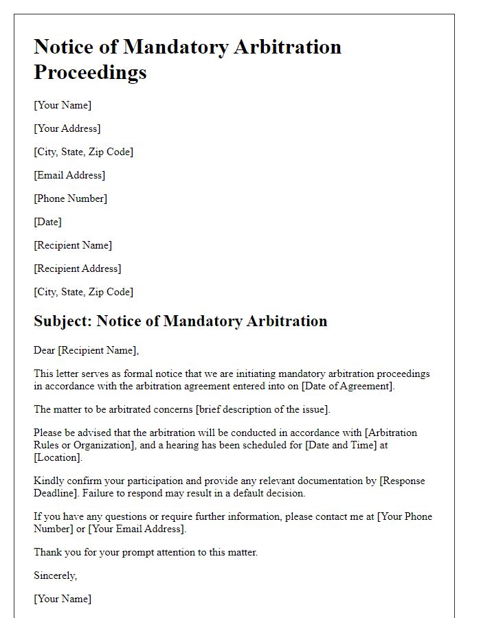 Letter template of notice for mandatory arbitration proceedings