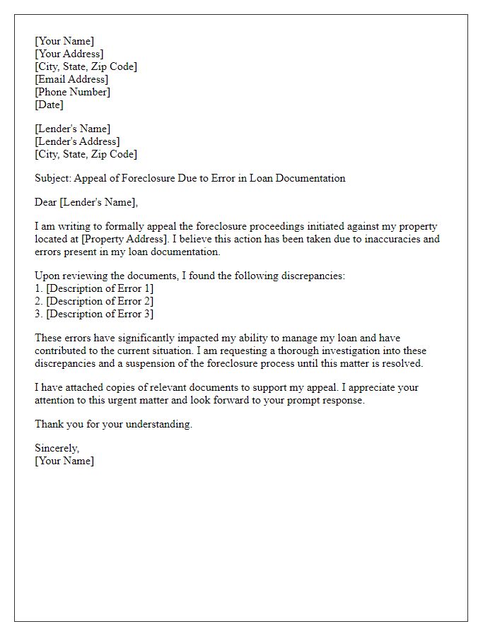 Letter template of foreclosure appeal due to error in loan documentation.