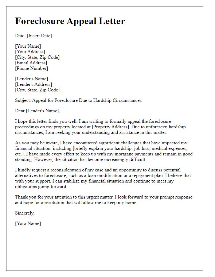 Letter template of foreclosure appeal for hardship circumstances.