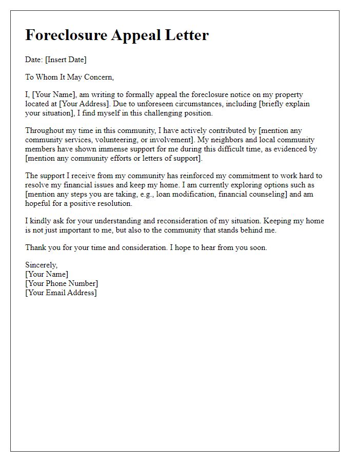 Letter template of foreclosure appeal highlighting community support.