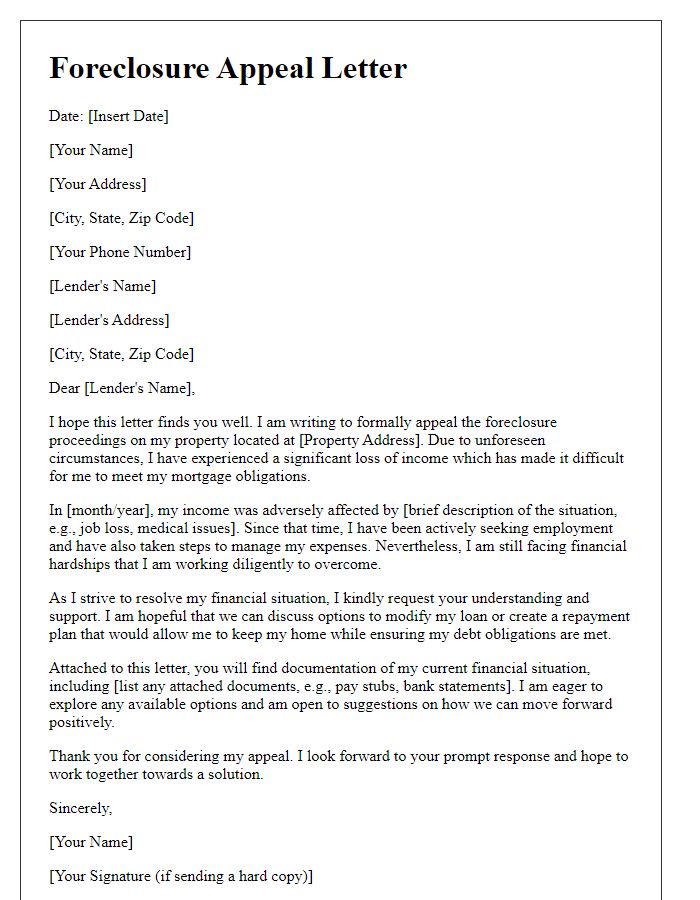 Letter template of foreclosure appeal for loss of income.