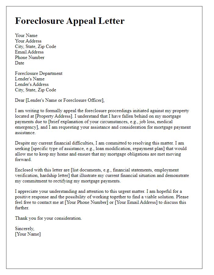 Letter template of foreclosure appeal for mortgage payment assistance.