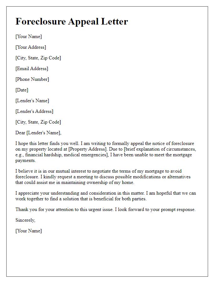 Letter template of foreclosure appeal for negotiation of terms.