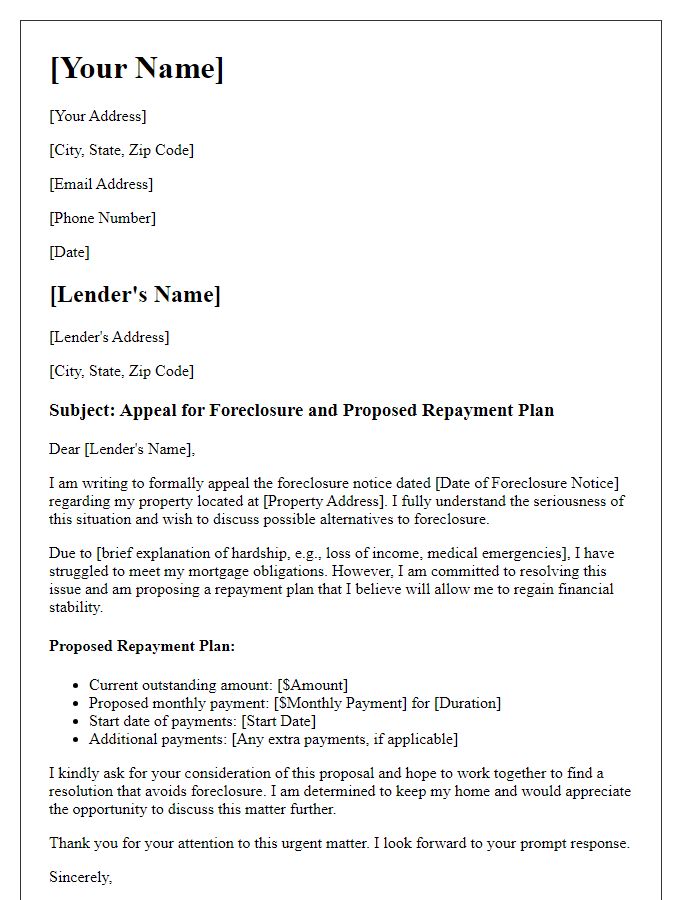 Letter template of foreclosure appeal with proposed repayment plan.