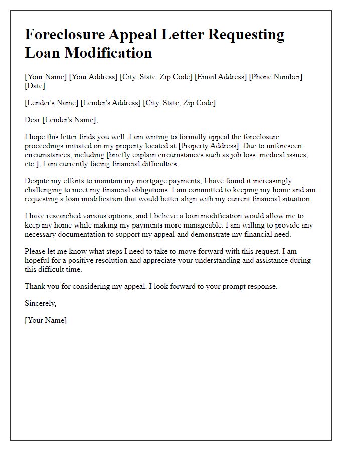 Letter template of foreclosure appeal requesting loan modification.