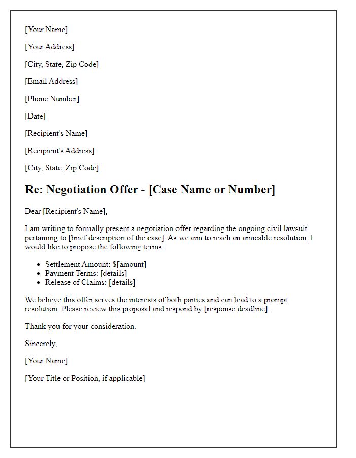 Letter template of civil lawsuit negotiation offer