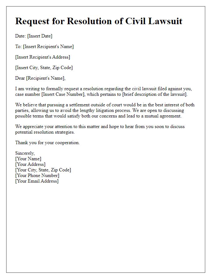 Letter template of civil lawsuit resolution request