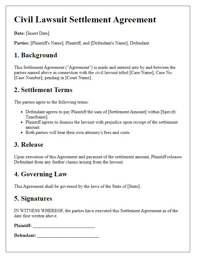 Letter template of civil lawsuit settlement agreement draft