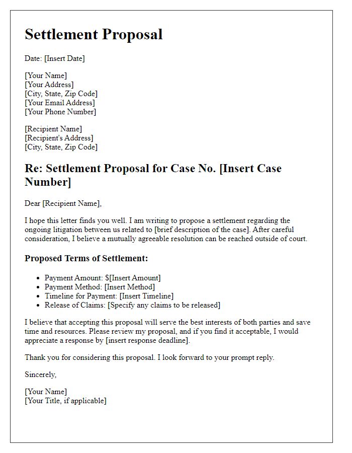 Letter template of civil lawsuit settlement proposal