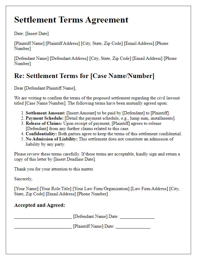 Letter template of civil lawsuit settlement terms