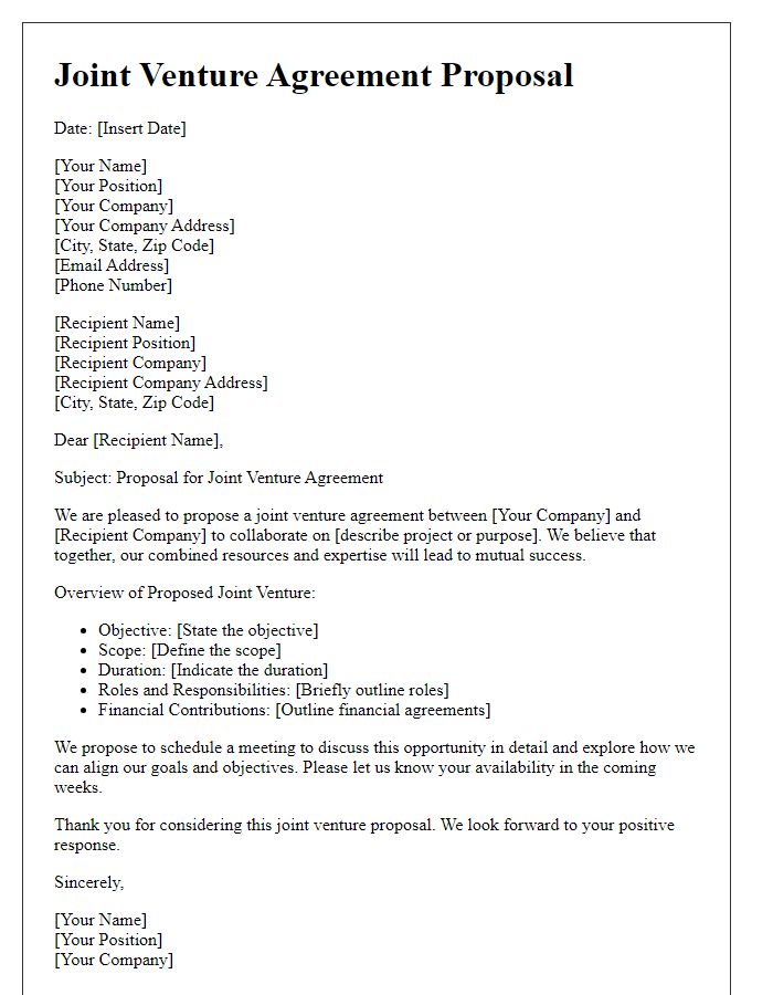 Letter template of formal joint venture agreement proposal