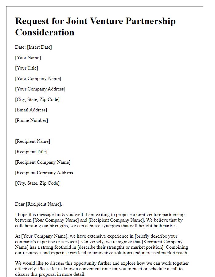 Letter template of request for joint venture partnership consideration