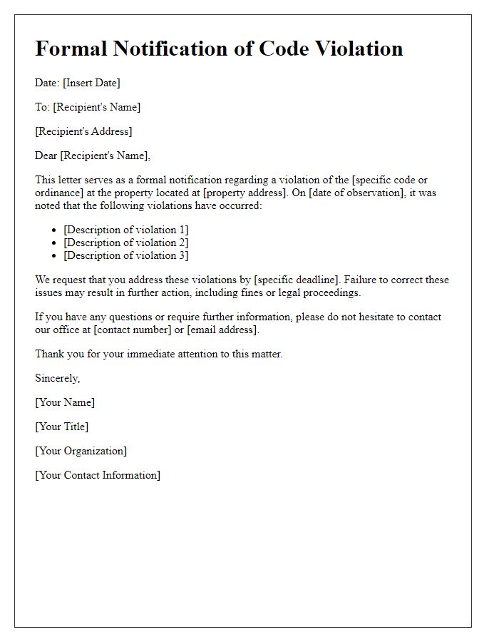 Letter template of Formal Notification of Code Violation