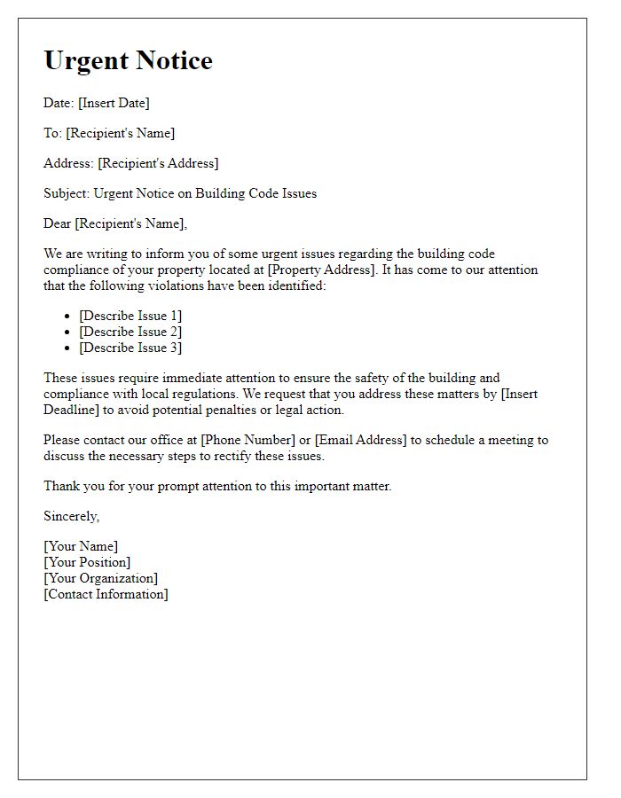 Letter template of Urgent Notice on Building Code Issues