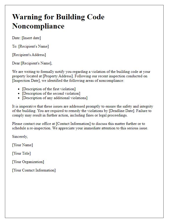 Letter template of Warning for Building Code Noncompliance