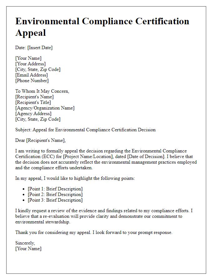 Letter template of environmental compliance certification appeal