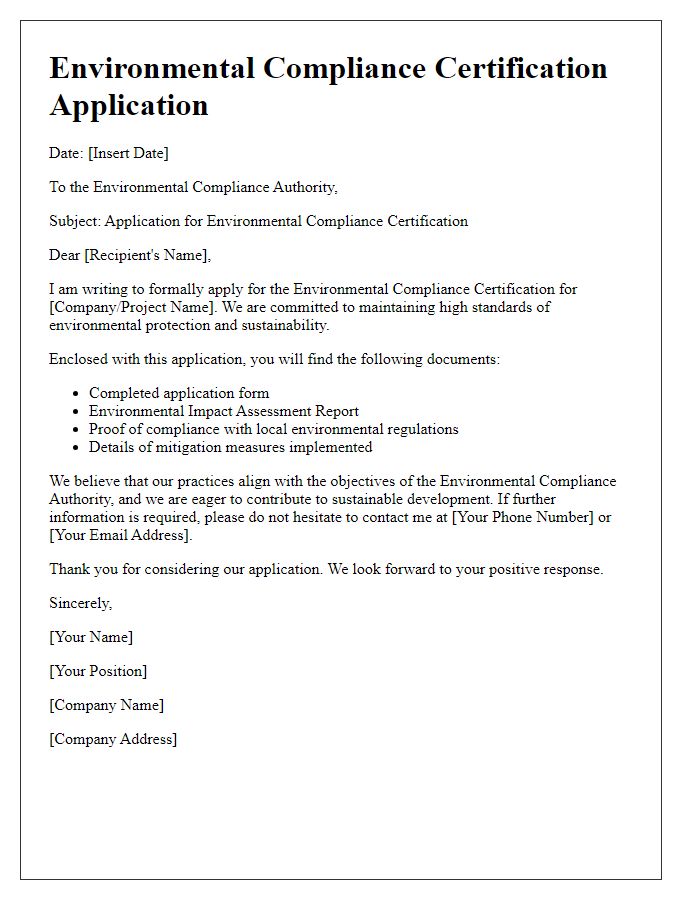 Letter template of environmental compliance certification application