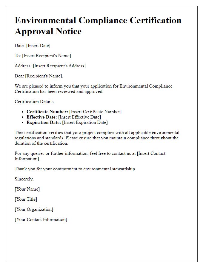 Letter template of environmental compliance certification approval notice