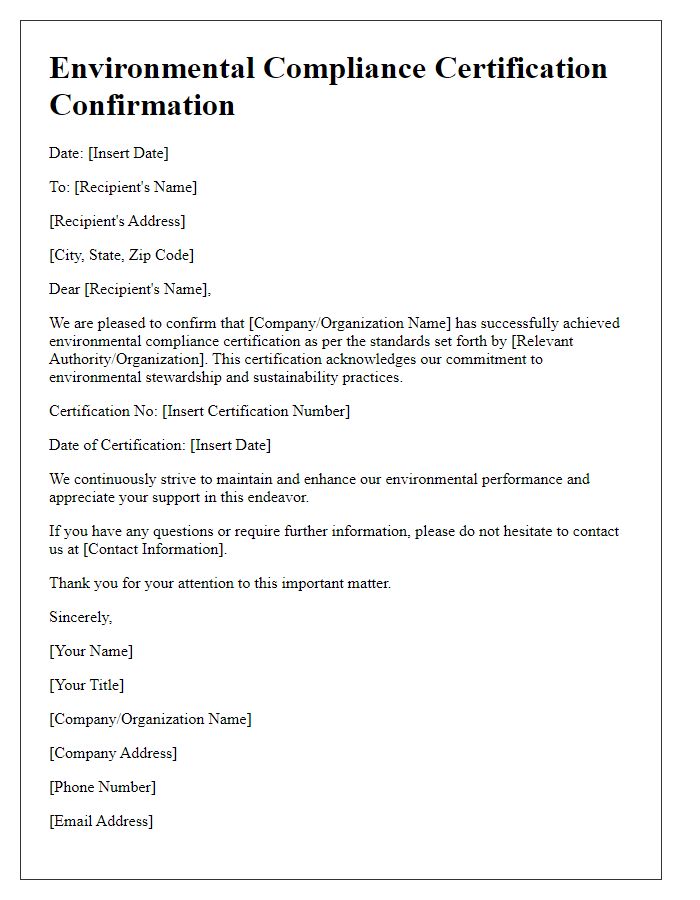 Letter template of environmental compliance certification confirmation