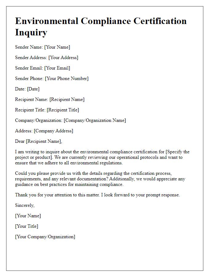 Letter template of environmental compliance certification inquiry