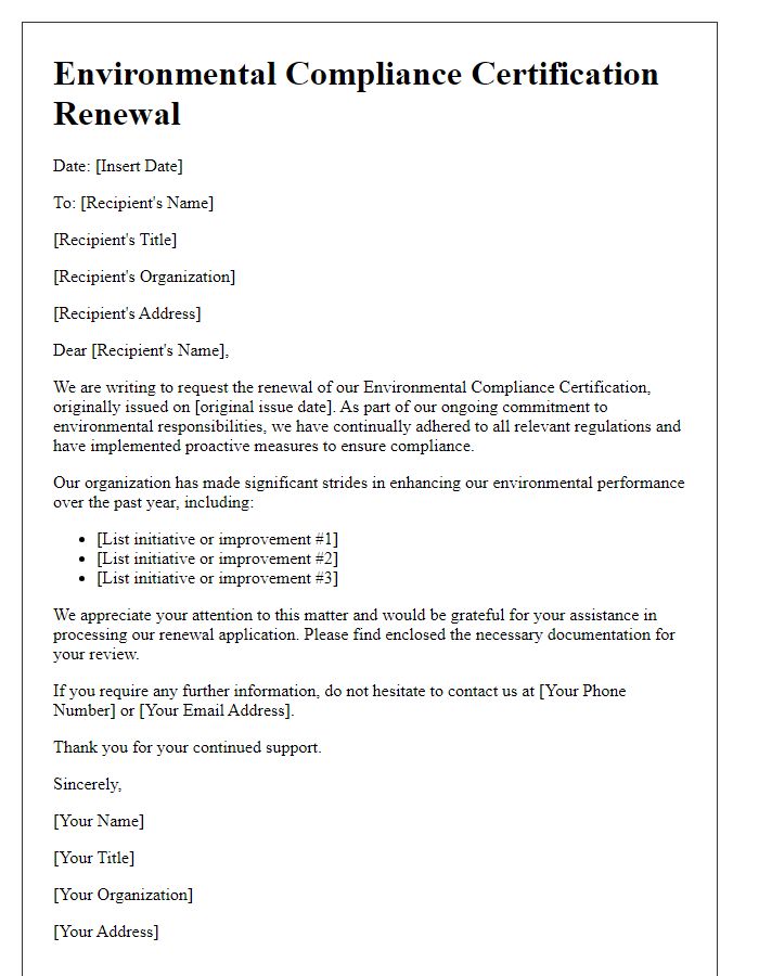 Letter template of environmental compliance certification renewal