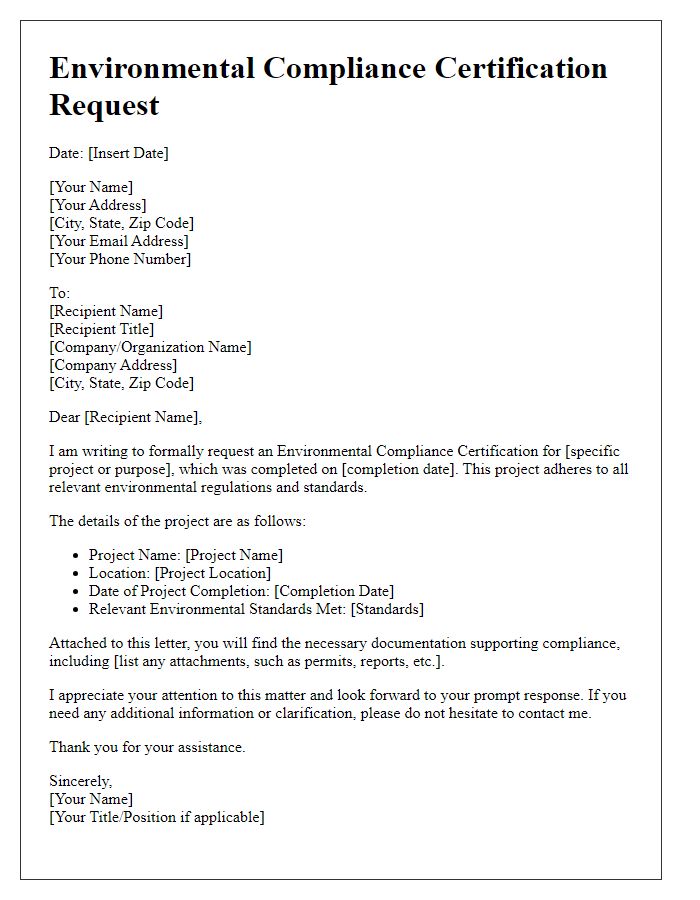 Letter template of environmental compliance certification request