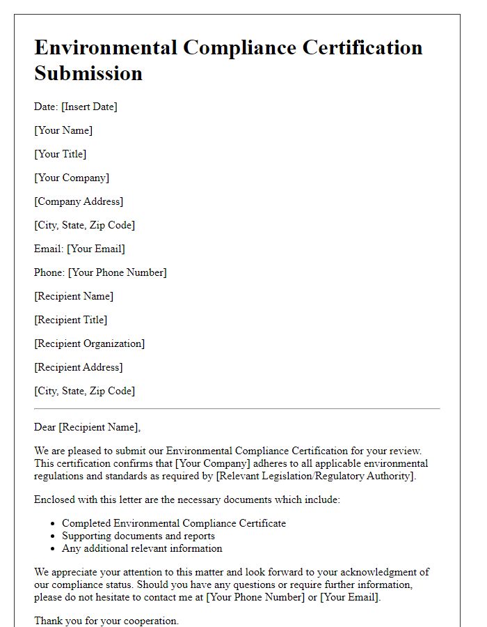 Letter template of environmental compliance certification submission